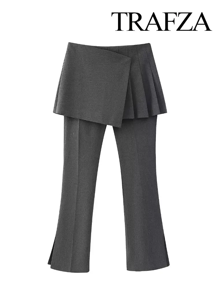 

TRAFZA Spring Women Fashion Trousers Irregular Tight Wide Pleated Skirt Overlay Long Pants Woman Streetwear Female Culottes