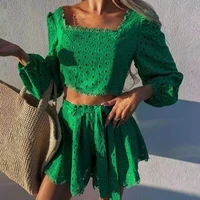 1 set crop top beach loose womens suits casual solid shorts set hollow out lace summer square collar lace up shorts set