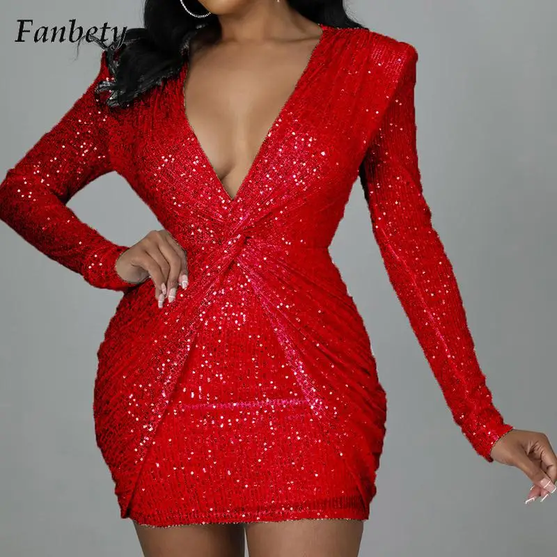 

Женское элегантное облегающее платье с V-образным вырезом и блестками, новое осеннее повседневное мини-платье с длинным рукавом, женское мо...