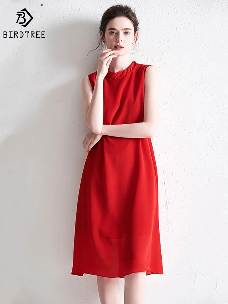 Birdtree 14MM 100%Mulberry Silk European Summer Dress Woman Loose Fashion Sleeveless Dress Red Party Dresses Summer D37522QM