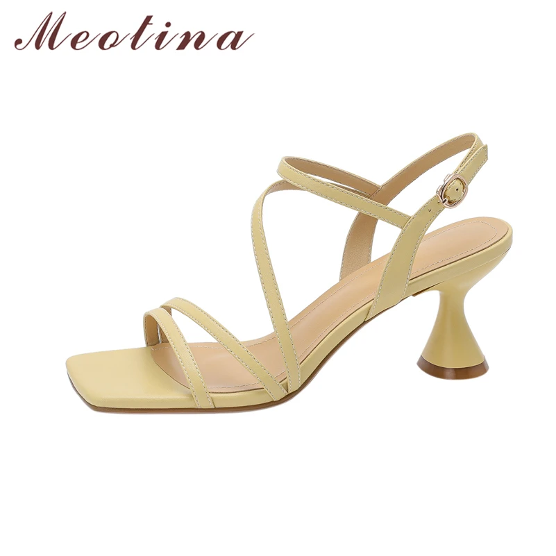 

Meotina Women Sandals Square Toe Strange Style High Heels Buckle Narrow Band Ladies Fashion Casual Shoes Summer White Yellow