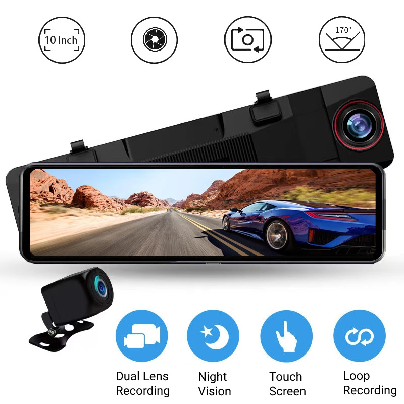 

10 Inch Dash Cam for Car DVR Rear View Camera Video Recorder Dashcam Voice Control 2Lens Full Screen Night Vision Loop Recording