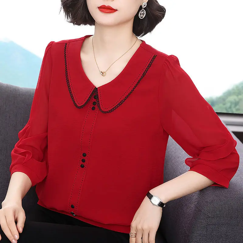 

Seven-point sleeve ladies chiffon shirt summer new short-sleeved doll collar shirt fashion temperament middle-aged mother blouse