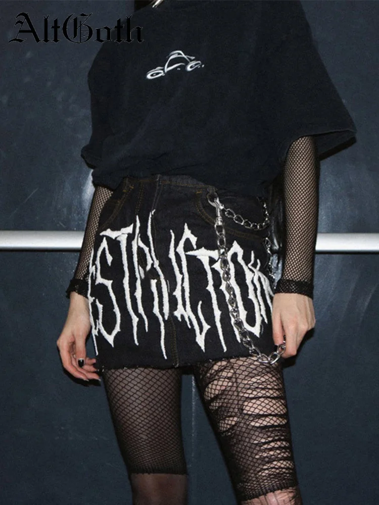 

AltGirl Streetwear Grunge Denim Skirt Women Harajuku Punk Vintage Aesthetic Print High Waist Mini Skirts Y2k Emo Alt Clubwear
