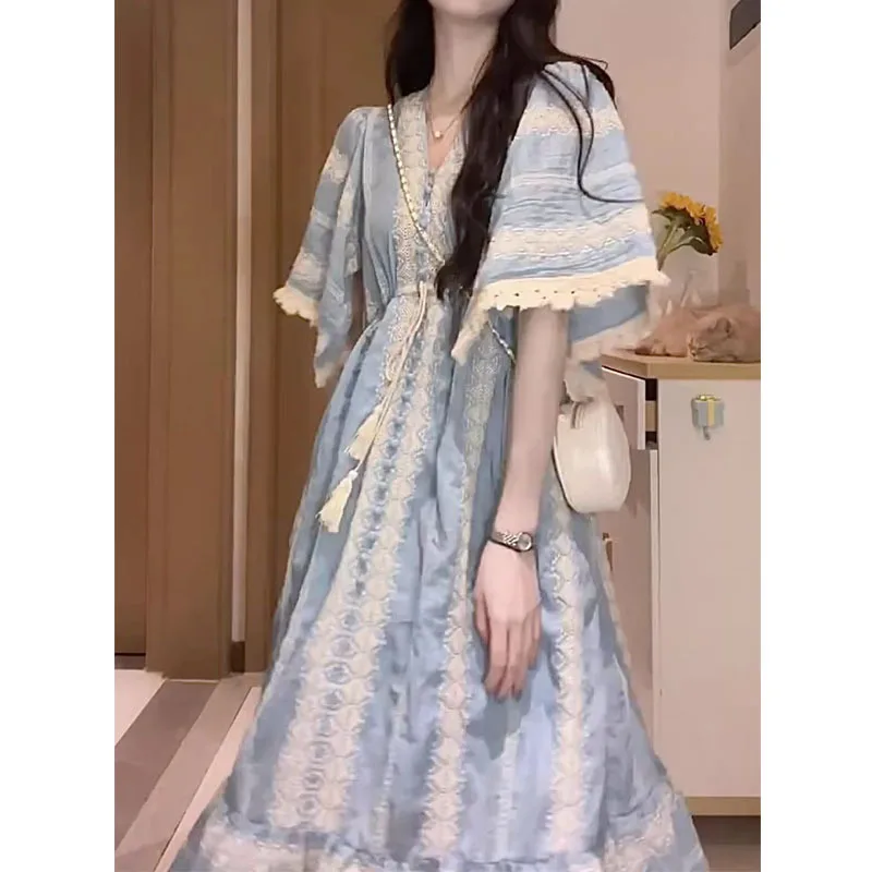 

Вышитые платья с V-образным вырезом, свободные официальные платья с коротким рукавом, летнее пляжное корейское модное платье средней длины Y2k, вечерние строгие платья 2023