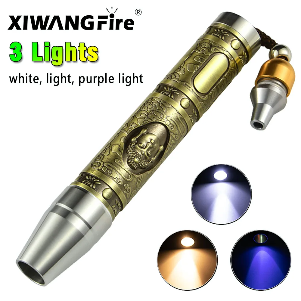Linterna de luz fuerte con tres fuentes de luz, luz blanca anticaída de aleación de aluminio, luz púrpura, LED, Utiliza batería 18650