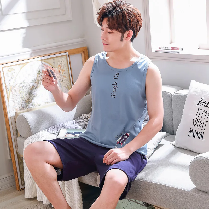 Летние хлопковые жилет для пары пижамные комплекты Мультяшные пижамы топы без