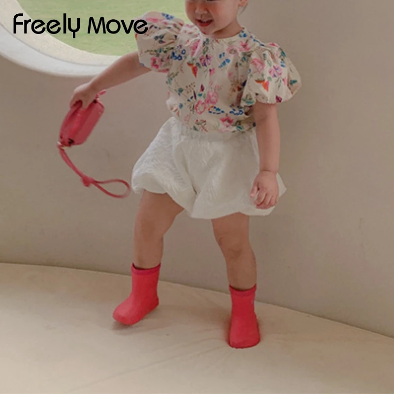 

Freely Move 2022 New Spring Autumn Children Clothing O Neck Puff Sleeve Floral Blouse Shirt For Kids