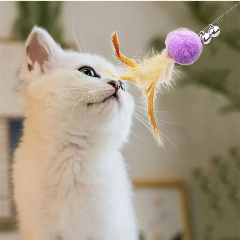 

New Funny Cat Stick Feather Toys Plush Cat Feather Tease Toy with Small Bell Random Color Pole Cats Supplies