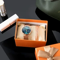 2022 watch brcelets set 2pcs women net strap marble watch face with alloy bracelet for girlfriend gift new design