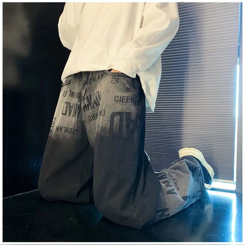 DEEPTOWN Vintage Letter Jeans for Men Hip Hop Straight Denim Pants Man Loose Casual Trousers Male Streetwear Clothes Oversize