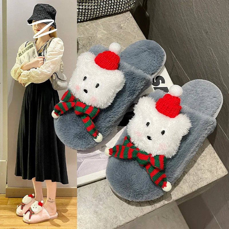 Slippers Women  Autumn and Winter Christmas Plush Slippers Female Cartoon Bear Baotou Home Cotton Slippers