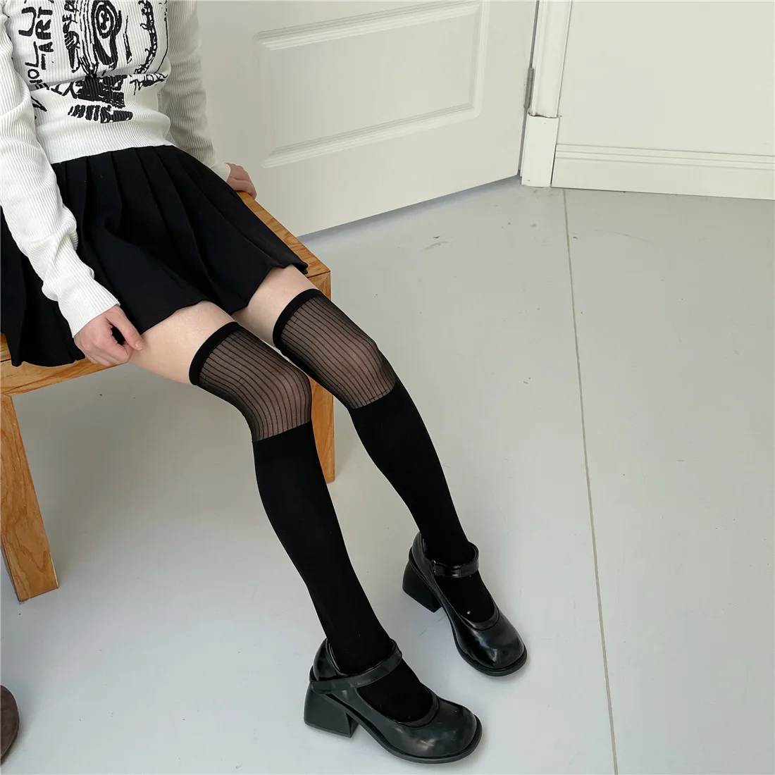 New Slim Vertical Stripe Lolita Spicy Girl Long Tube Black Silk Over knee Socks Sexy subculture High Tube Women's Socks