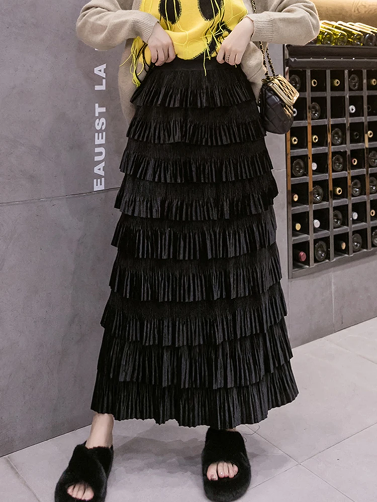 

Женская бархатная юбка с оборками, черная Однотонная юбка А-силуэта с высокой эластичной талией, дизайнерская весенняя одежда, 2023