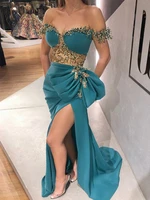 elfin blue evening dresses beaded off the shoulder lace illusion prom dresses high split formal party second reception gowns