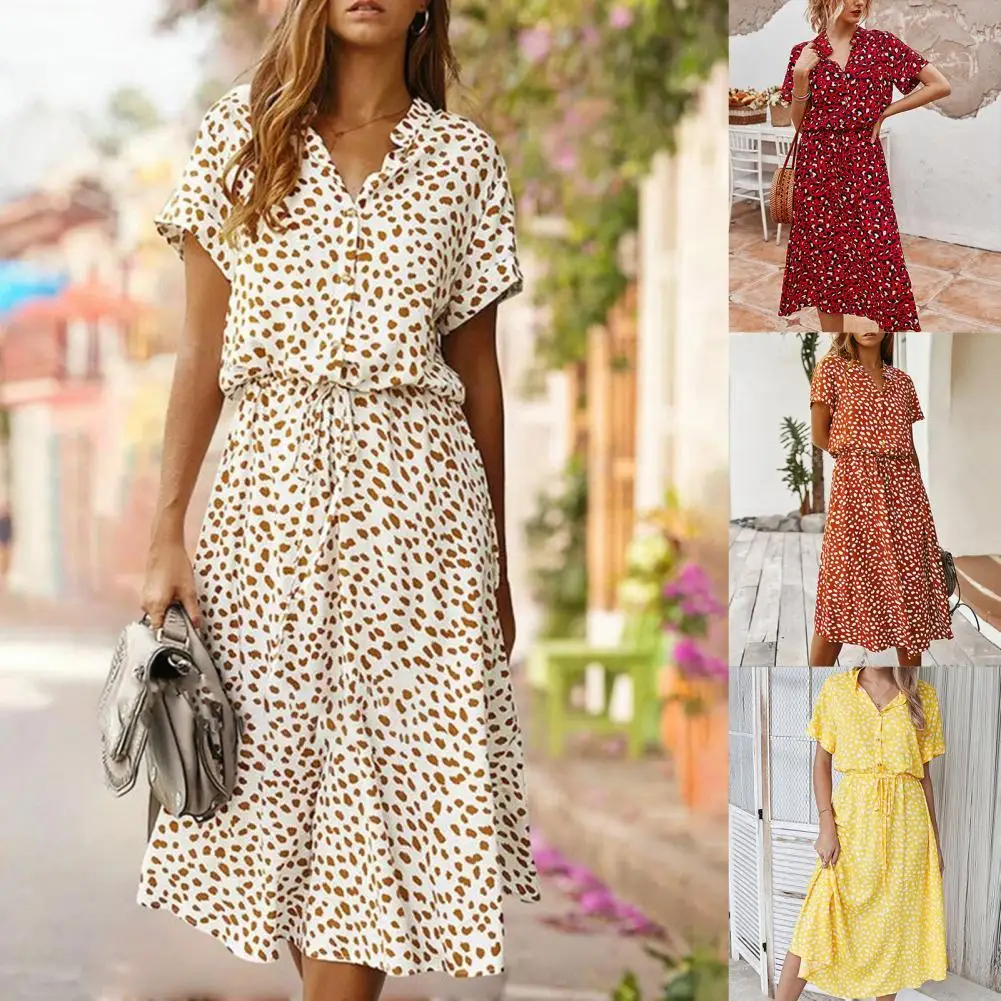 

Ladies Dress Short Sleeve Printing 4 Colors Women Stand-up Collar Dress for Beach