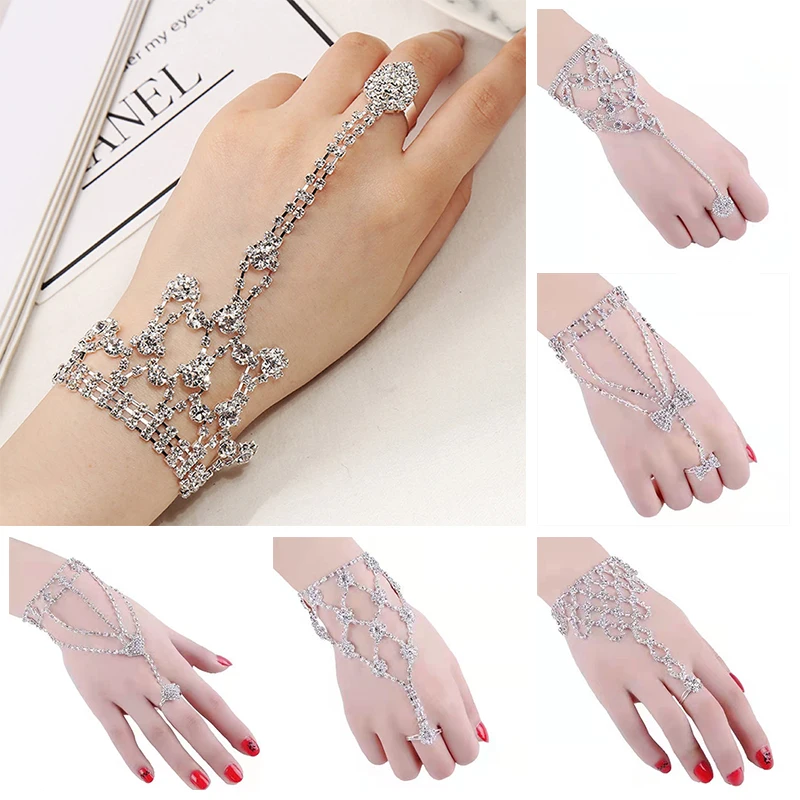 

Vintage Rhinestone Rhinestone With Finger Ring Silver Color Crown Link Wrist Simple Chain For Women Bracelet Charms Jewelry Gift