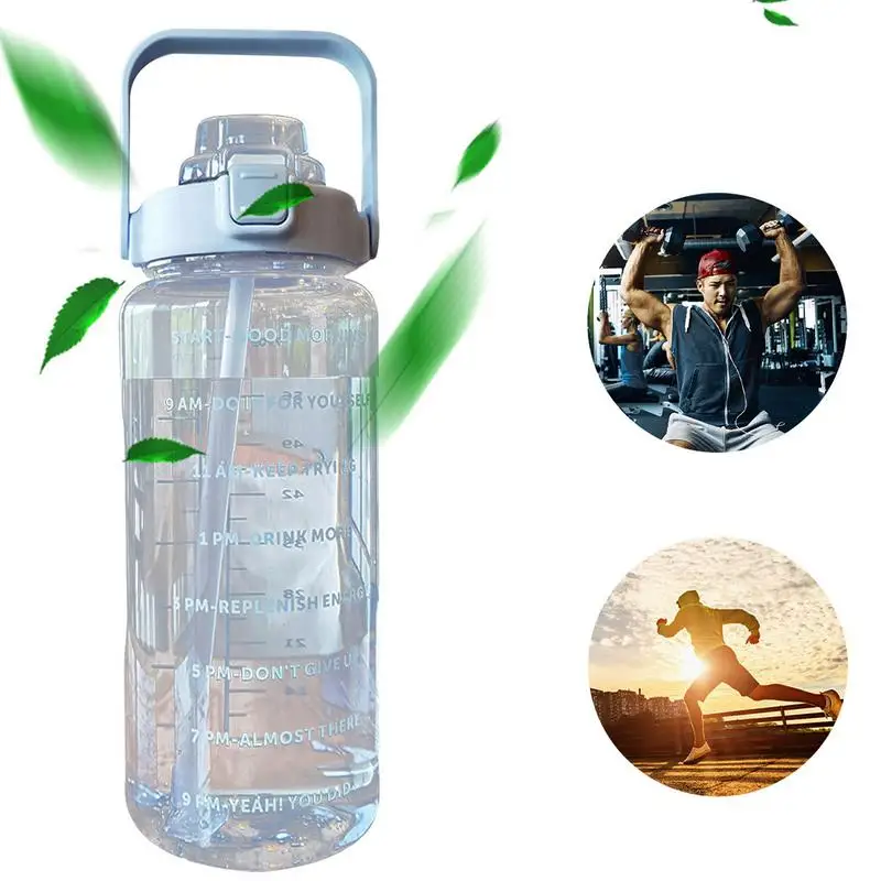 

2L Water Bottle With Straw Portable Jug Travel Sports Kettle With Time Marker Large Capacity Drinking Cup For Adult Student