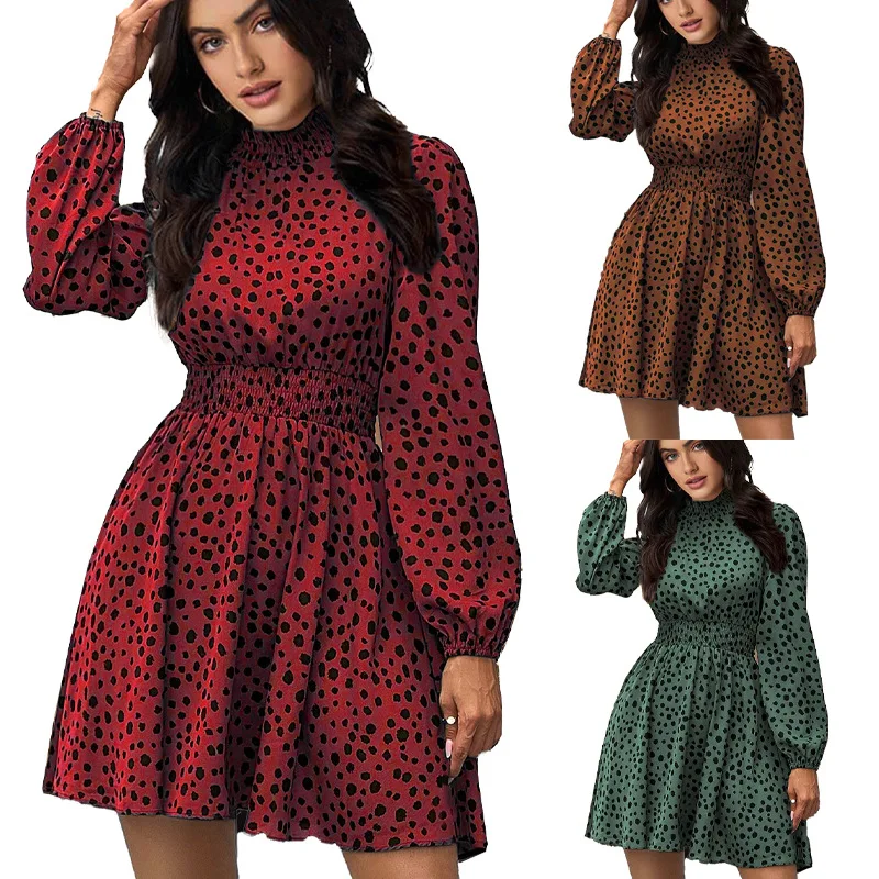 

2022 Autumn New Fashion Slim Polka Dot Temperament Printed Long-sleeved Dress Women