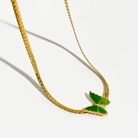 perisbox green pink butterfly enamel charm choker flat herringbone chain stainless steel necklace for women trendy jewelry