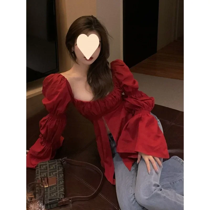 Красная сексуальная блузка в корейском стиле женская шикарная дизайнерская
