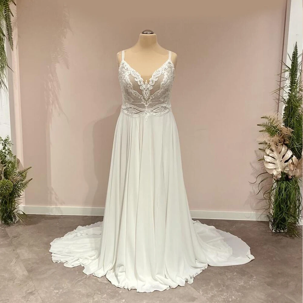 

Simple Robe De Mariée Sleeveless Spaghetti Straps Lace Applique Wedding Dress Chiffon Court Train A-Line Vestidos De Noiva