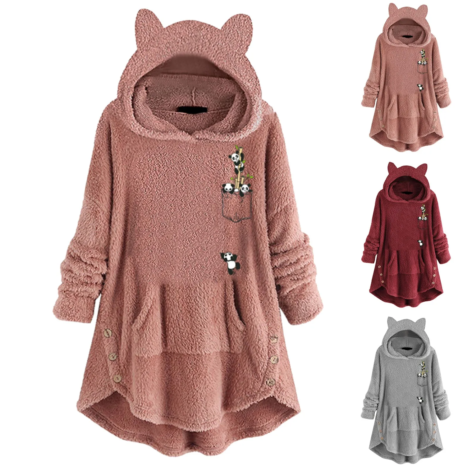 

Pocket Sweatshirt Women Pocket Cat Ear Hoodie Fleece Sweater Button Cute Printing Fashion Long Sleeves Top Blouse Sweatshirt
