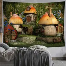 Floresta mágica casa de elfos tapeçaria cogumelo pano de fundo criança quarto sala estar decoração livro mágico pendurado na parede (2)