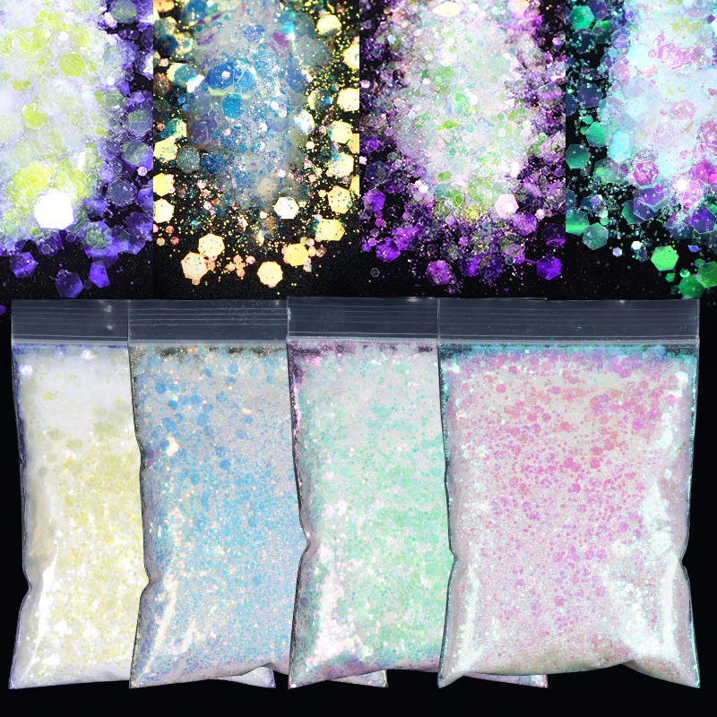 

4pcs 50g Epoxy Resin Filling Iridescent Glitter Mermaid Resin Sequins Shiny Hexagon Chunky Glitter Bulk Slime Filler DIY Crafts