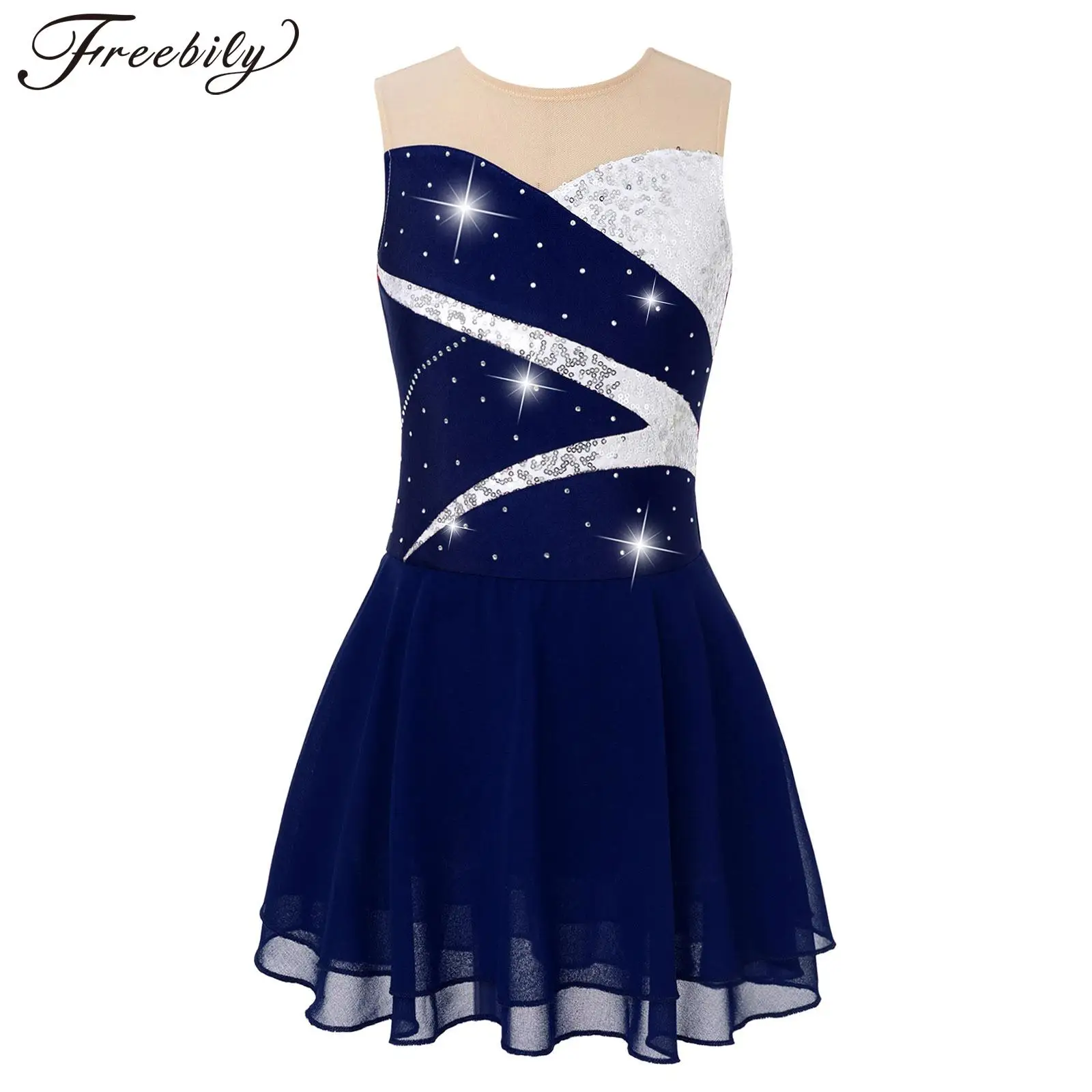 

Kids Girls Shiny Rhinestone Sleeveless Keyhole Back Figure Ice Skating Dress Dance Competition Stage Performance Costumes