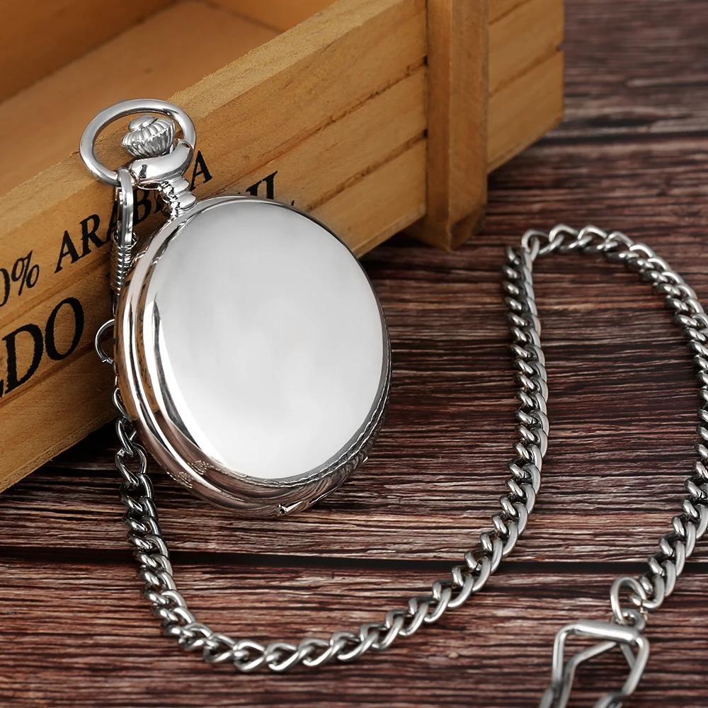 Classic Silver Smooth Mirror Cover Manual Mechanical Pocket Watch Roman Numerals Round Dial Double Hunter Pendant Vintage Clock