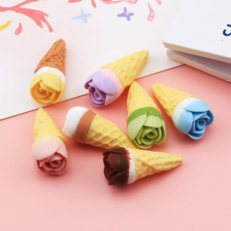 

10pcs 3D Rose Ice Cream Resin Cabochons for Women DIY Cameo Craft Phone Decor Ornaments Lovely Flower Style Foods Slime Charms