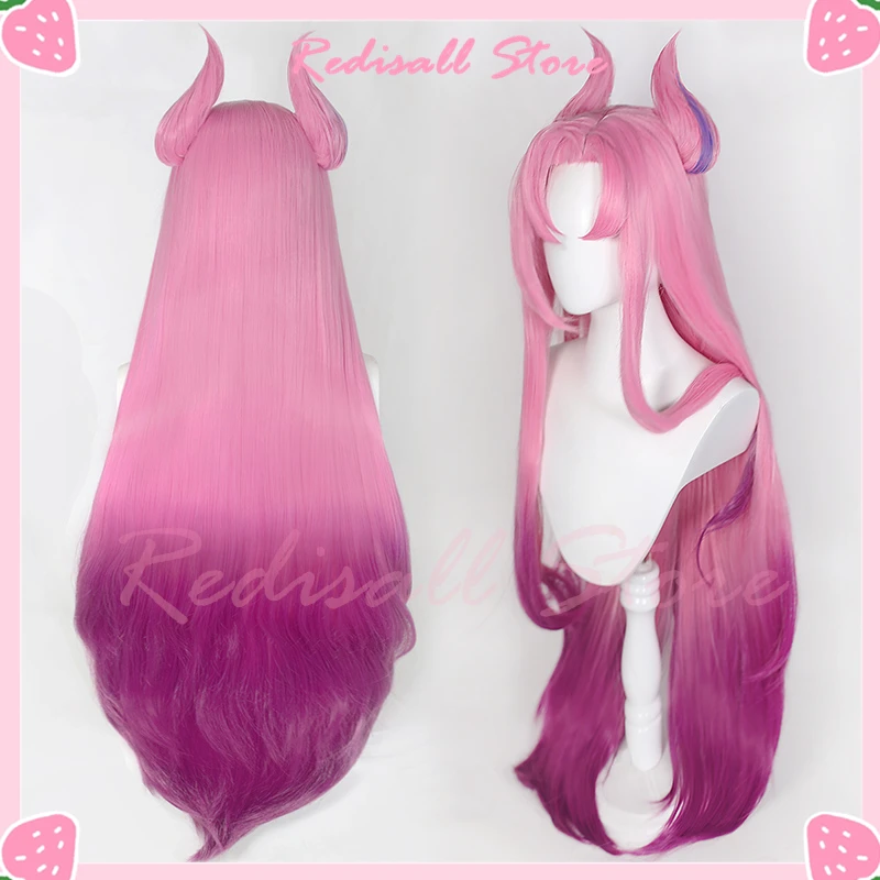 

100 см парик для косплея Star Guardian Kai'Sa, рога, LoL, градиент, розовый, фиолетовый, длинные прямые, термостойкие волосы