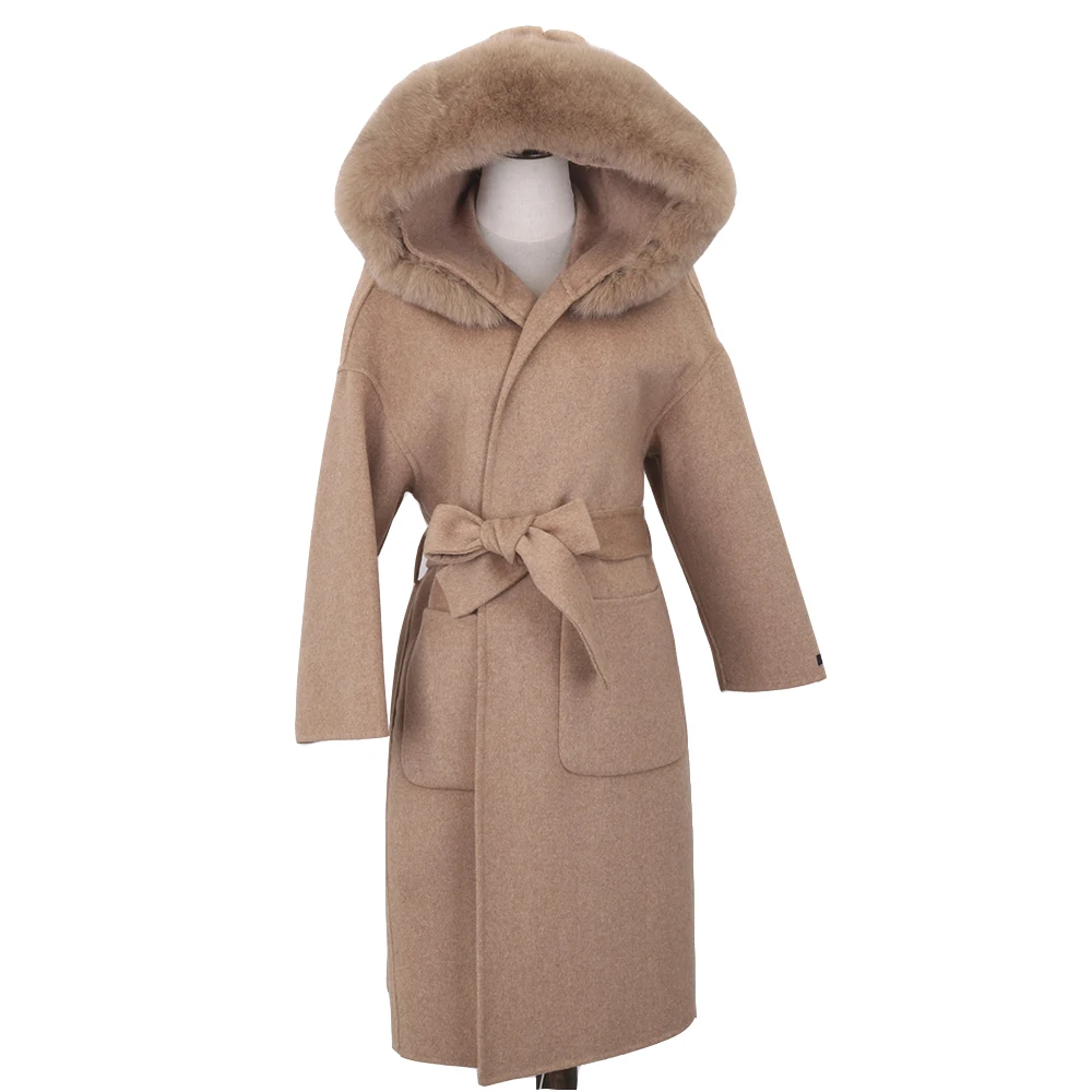 Lavelache 2023 Real Fur Coat Winter Jacket Women Natural Fox Fur Collar Cashmere Wool Blends Long Outerwear Ladies Streetwear