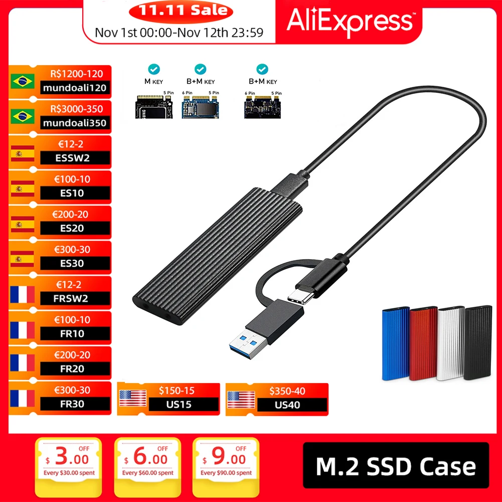 

M.2 NVME SATA SSD Enclosure Adapter Reader, USB C 3.1 Gen 2 10 Gbps NVME, 6Gbps SATA,Chips RTL9210B External M2 Hard drive Case