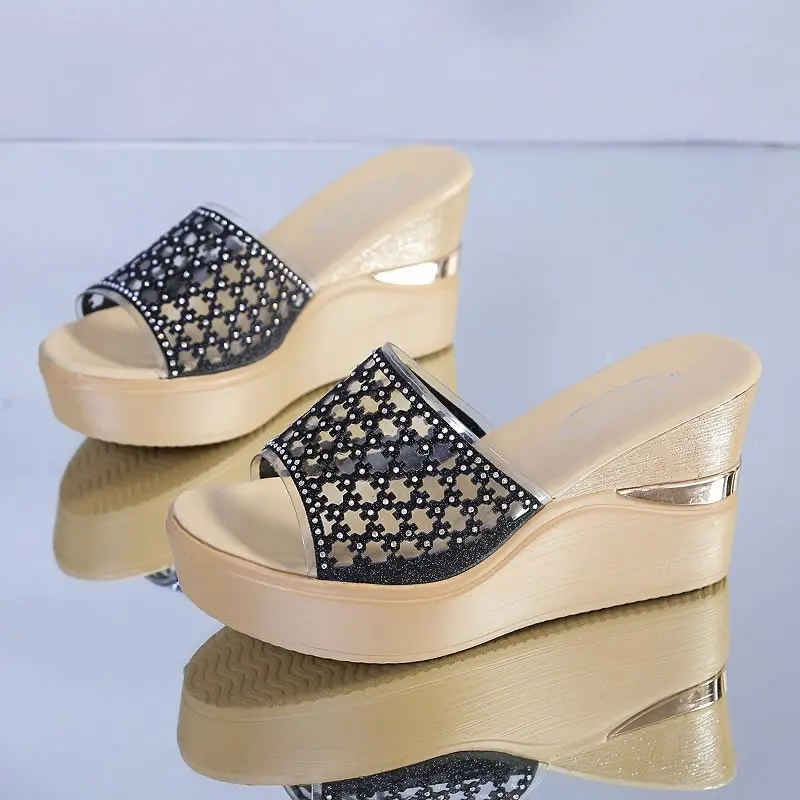 2023 Summer Ladies High Heel Sandals For Famele Summer Peep Toe Lace Mesh Wedge Heels Sandal Women Shoes Indoor Slippers