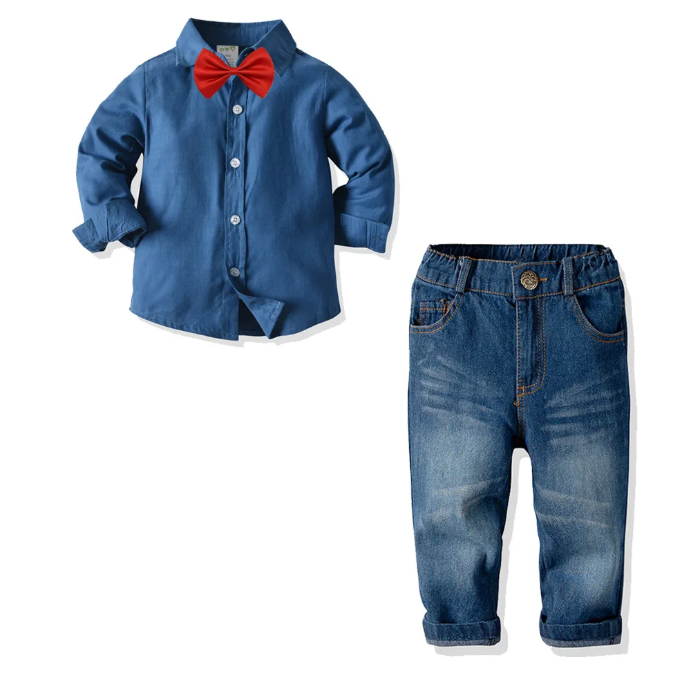 

New Boys Spring and autumn Party formal Clothes Baby Boys Gentleman set kids Long sleeve shirt+ jeans 2Pcs Clothes Suit