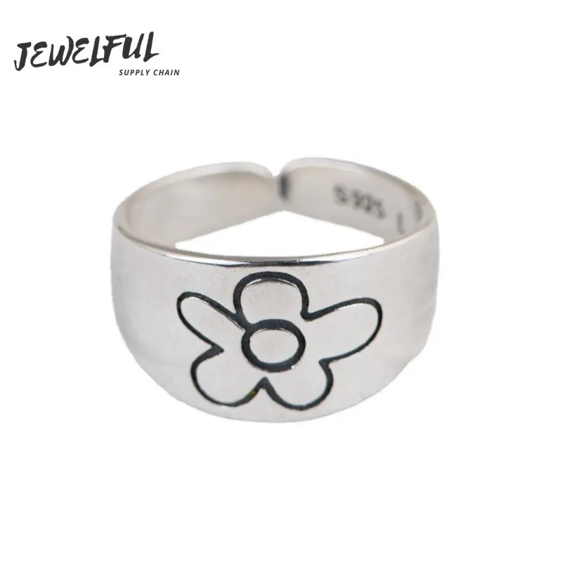 

JEWELFUL-S925 Silver Vintage Stylish Opening Carved Cross-Border Silver Ring Ring for Women Niello Jewelry Ring