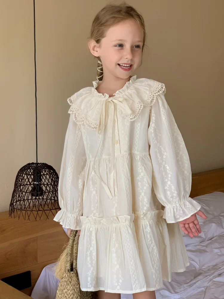 

2023 Autumn Girls' Dresses Children's Cotton Embroidered Princess Dress Baby Kids Clothes Toddler Girl Lace Lapel Casual Dress