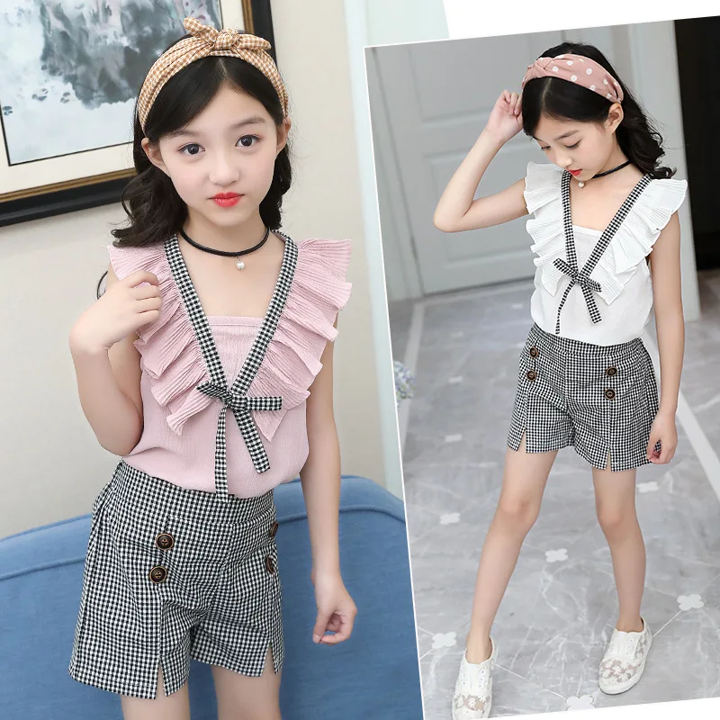 Toddler Baby Girl Sleeveless Tops Plaid Summer Shorts Set Girls' Chiffon Vest + Plaid Hot Pants Two-piece Suit Clothes Outfits