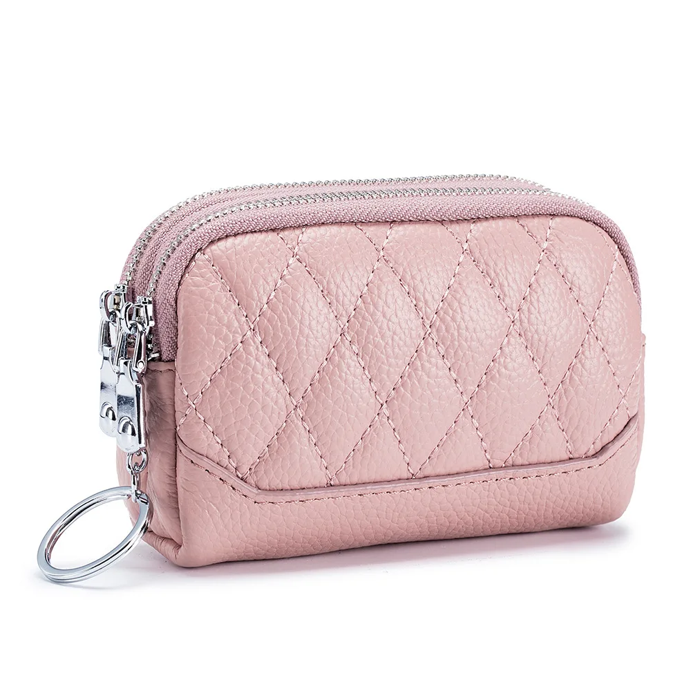 Women Genuine Leather Diamond Quilted Coin Purse Female Double Zipper Travel Organizer Fashion Small Storage Pouch Mini Wallets