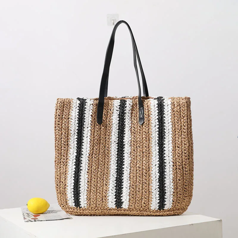 

Striped Straw Handbags for Women Hollow Basket Bags Large Capacity Shoulder Bag Ladies Summer Beach Tote Shopper Purses 2022 Ins