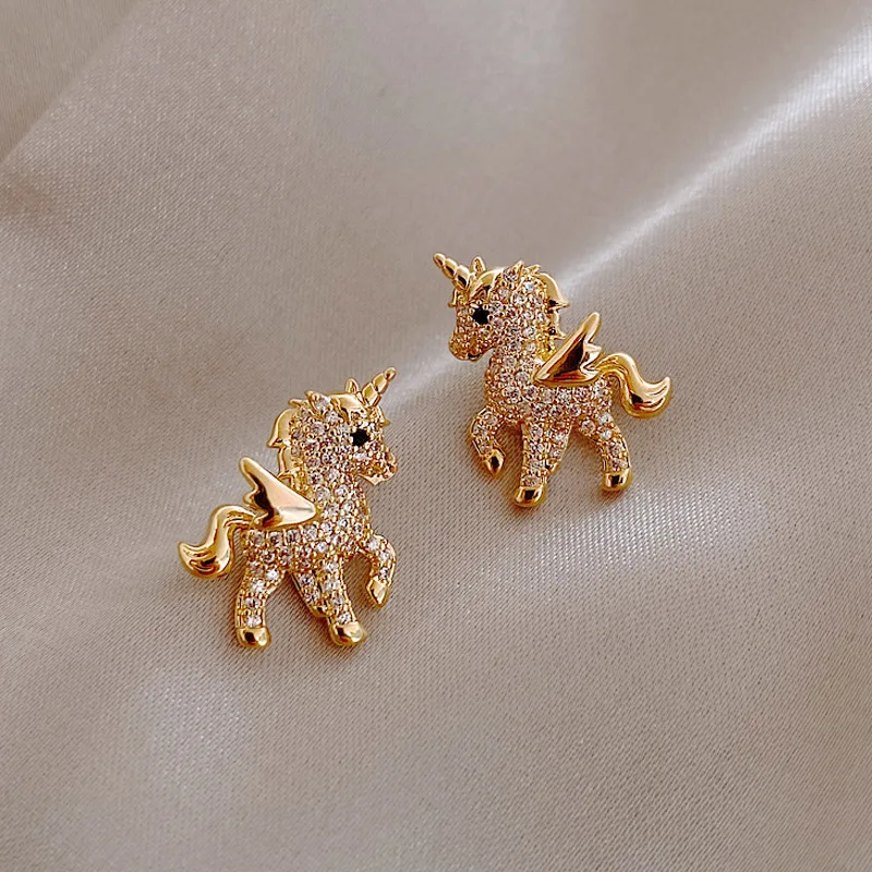 Cute Pony Earrings for Women Fairy Animal Zircon Pearl Sweet Earrings for Girl Birthday Party Gift Jewelry Pendent