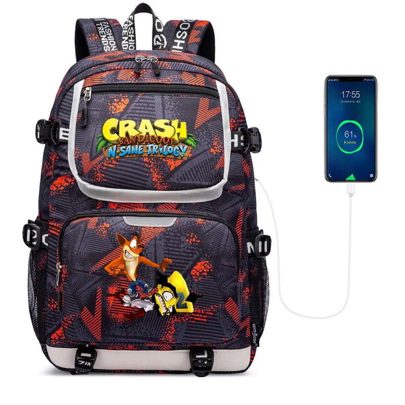 Game Crash Bandicoot USB Large Capacity Teenagers Schoolbags Women Men Laptop Travel Backpack Boys Girls Book Bags