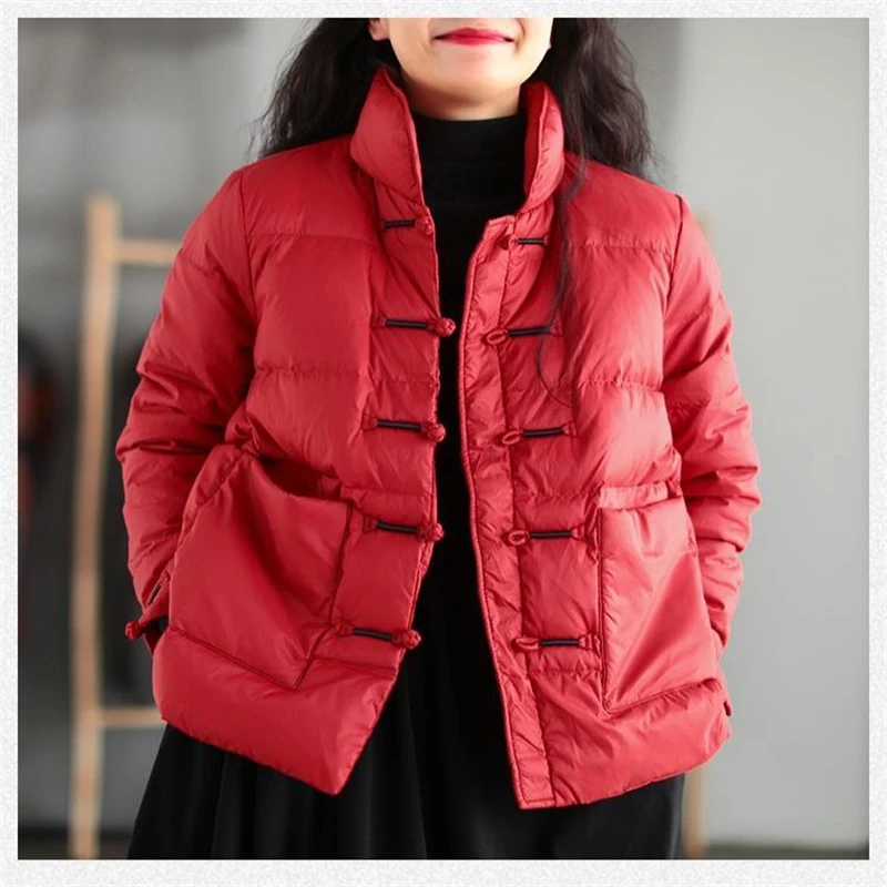 Vintage Stand Collar Down Jacket Women's Winter Warm Parkas 2022 New Outdoor Snow Coat Female Fashion Single-Breasted Outerwear