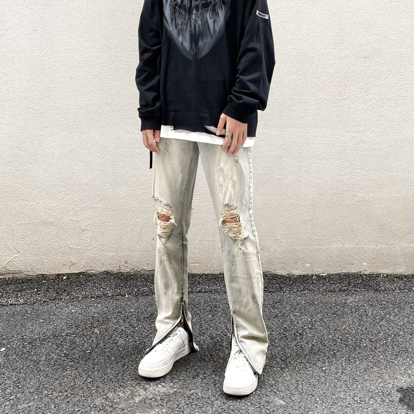 Винтажные рваные джинсы Хай-стрит моющиеся чтобы сделать старый разрез на молнии