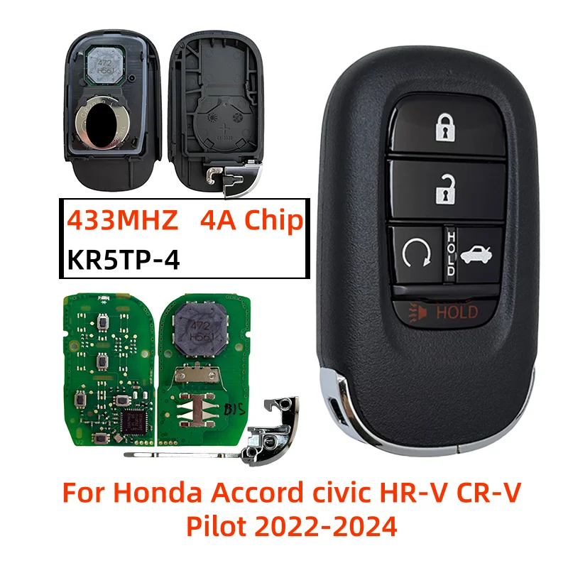 

KR5TP-4 5 кнопок 433 МГц 4A чип дистанционного брелок для Honda Accord Civic HR-V CR-V Pilot 2022-2024 72147-T20-A11 A3C0775510100