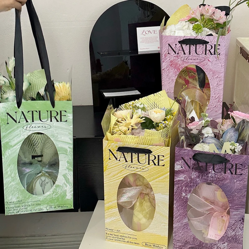 

10 Pcs Window Opening Portable Flower Bag Flower Bouquet Double-sided Printing Packaging Holiday Gift Bag Flower Carrying Bags