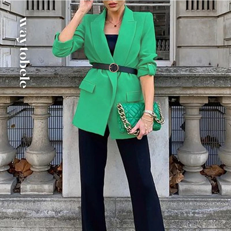

Waytobele Women Coat Autumn Casual Fashion Solid Long Sleeve Lapel V Neck With Belt Overcoat Blazer Top High Streetwear