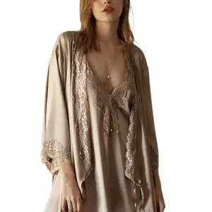 100% Real Silk Long Two-piece Nightgown For Women Mulberry Silk Pajamas Set Lace Sling Sleepwear Rob